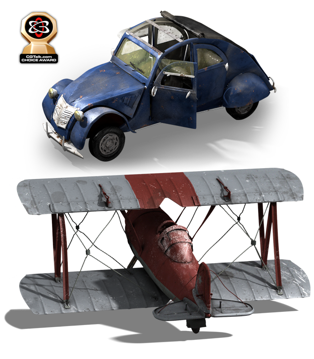 Petite voiture et avion de métal en 3D